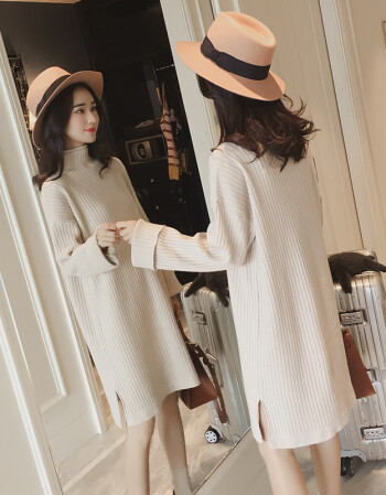 连衣裙秋冬装2017新款女中长款内搭百搭宽松高领针织裙子sn2345 米色