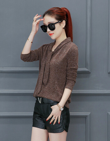 针织衫体恤女装2018春季新款长袖韩版打底衫上衣服显瘦体恤潮 咖啡色