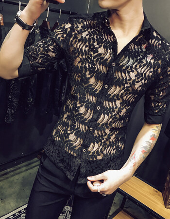 2018男士夜店风个性蕾丝七分袖衬衫潮流蕾丝镂空修身中袖 黑色 l