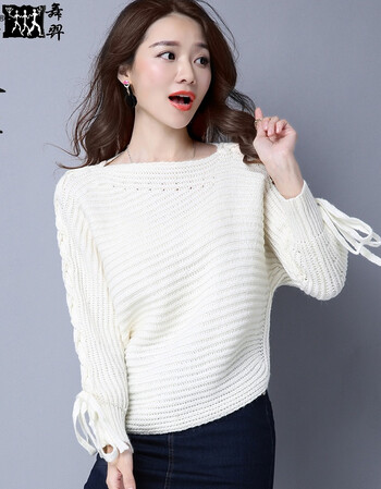 结绑带蝙蝠衫长袖羊绒羊毛衣针织衫女套头短款上衣厚宽松大码 白色
