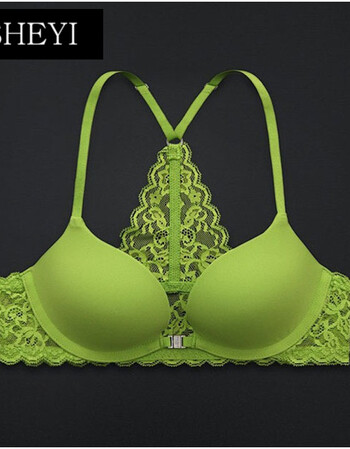 sheyi潮牌欧美前扣文胸套装美背小胸超聚拢上薄下厚款性感内衣 绿色