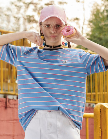 女2018夏季新款韩版宽松圆领短袖细横条纹t恤女百搭打底上衣潮 浅蓝色