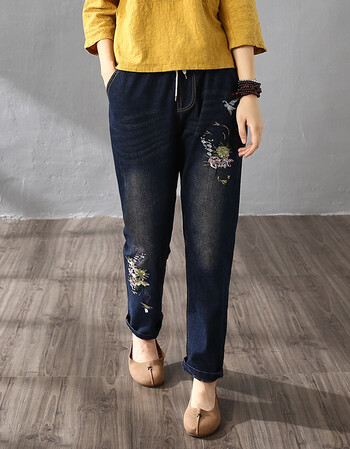 绣花牛仔裤民族风做旧宽松女裤女秋款复古花草刺绣长裤 蓝色 m