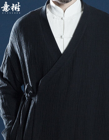 意树春季新款中国风男装中式嵌花长衫复古长袍中长款唐装汉服男 玄色