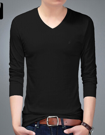 长袖纯色棉运动体恤汗衫秋季男装薄款上衣打底衫冬装 长袖v领黑色764