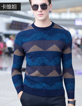 男式休闲圆领针织衫男长袖打底衫2017青年男士加厚毛衣 褐蓝 170