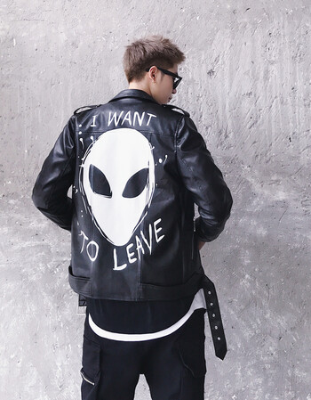 范戈堡暗黑系夜店男装个性外星人印花男士皮衣潮流皮夹克宽松pu皮外套