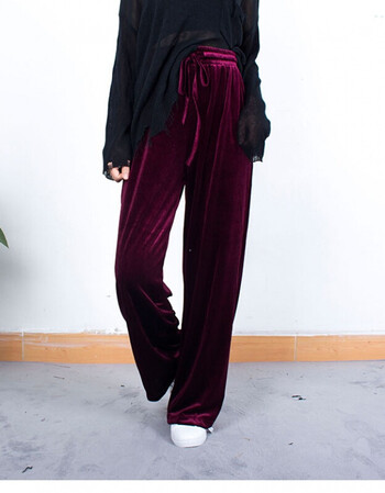 天天金丝绒长裤丝绒阔腿裤女秋春季宽松拖地休闲裤松紧腰裤子 酒红色