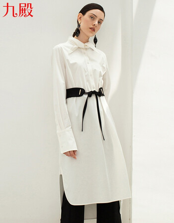 打结尖领型显瘦工字褶前短后长侧中长款套头衬衣裙 白色 m 腰带不赠送