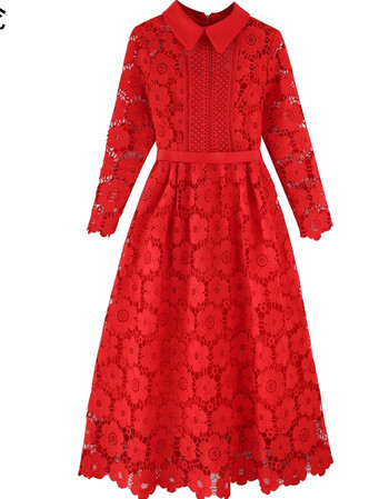 红裙子女2017新款秋装结婚礼服中长款镂空修身显瘦蕾丝连衣裙红色