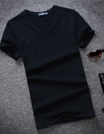 夏天衣服男净面静版短袖加肥加大青少年学生纯黑色t恤男v领 纯黑 2xl