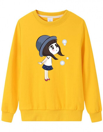 卡通印花圆领套头卫衣女外套春秋韩版学生棉薄款宽松长袖 黄色(纯棉薄