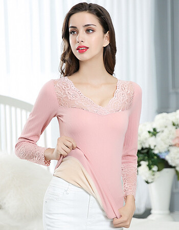 加绒加厚打底衫冬季性感蕾丝v领内衣修身上衣无缝女装 v领韩国粉 均码