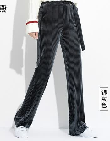 2017秋冬加厚金丝绒直筒裤女长裤高腰显瘦运动裤休闲阔腿裤潮 银灰色