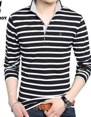 长袖t恤衣服2017春秋季纯棉条纹翻领体恤打底衫男装冬装 95188黑白