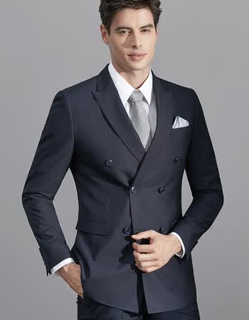 2018春夏新品商务修身型西服套装男藏青色双排扣男士西装两件套职业装