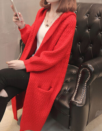 流行女装春装2018早春新款bf风毛衣开衫中长款针织外套女春秋潮 红色