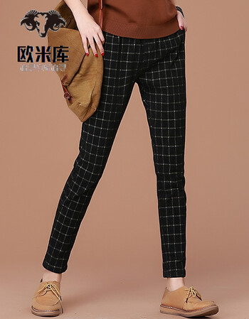 oumiku韩版英伦格子休闲裤女2018春装新款加厚松紧腰宽松哈伦裤 格纹
