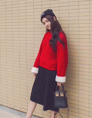 冬季新款学院风女装百搭加厚宽松毛衣针织半身裙套装两件套 红色毛衣