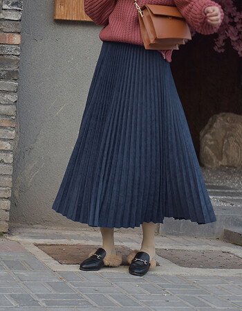 鹿皮绒半身裙长裙高腰a字裙ulzzang裙子秋 藏青色 75cm 裙长75厘米