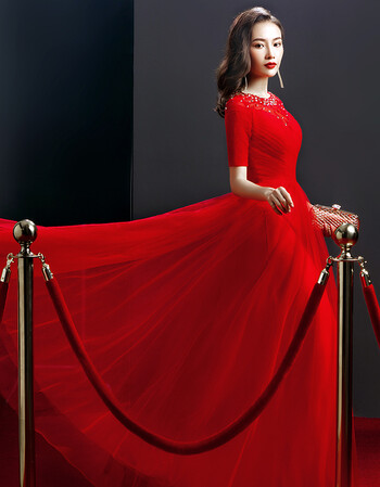 怡品堂晚礼服2018新款结婚一字肩红色新娘敬酒服订婚宴会礼服端庄大气