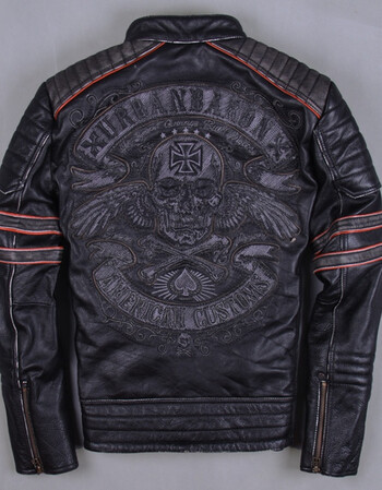 秋季新款骷髅头机车服头层牛皮做旧真皮皮衣男立领修身皮夹克 黑色 m