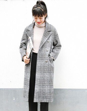 秋冬韩版格子毛呢外套宽松中长款西装领加厚呢子大衣女 灰色 s
