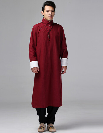 中国风民国长衫男士汉服棉麻唐装外套中式立领大襟男装禅修居士服 暗