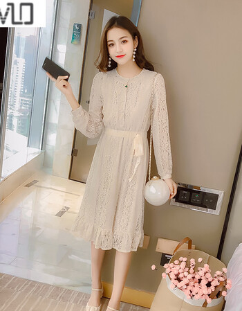 nvld裙子女夏装2018春季新款韩版系带收腰显瘦蕾丝连衣裙女中长款长袖