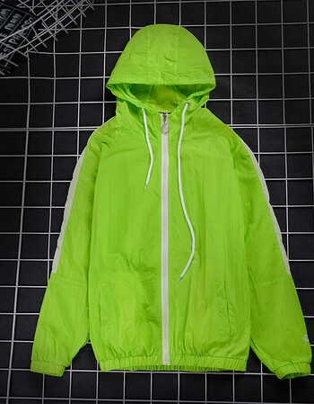 撞色拼接潮流男士连帽夹克衫青年学生修身薄款运动防晒衣外套 荧光绿