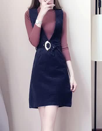 裙女秋冬2018新款外穿加厚中长款两件套无袖吊带灯芯绒连衣裙 深蓝色