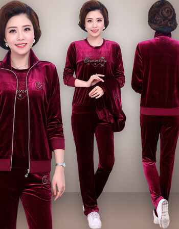 bxay妈妈秋装金丝绒三件套装女30岁40春秋外套新款中老年女装运动服50