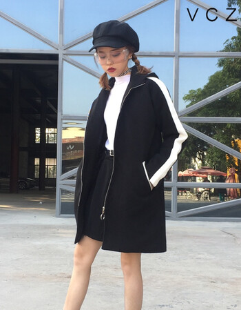 vcz 潮牌2017新款戴帽大衣外套女原宿bf宽松女款中长款毛呢冬款呢子