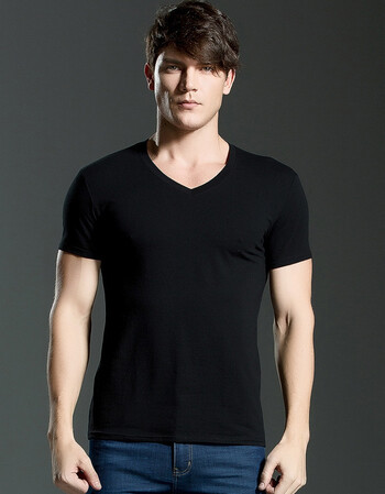 2018新新款男士t恤弹力短袖纯棉运动休闲修身体恤v领男黑色工装定做