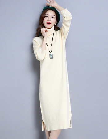 款过膝毛衣裙秋冬韩版高领套头连衣裙冬裙中长款冬季针织打底裙 白色
