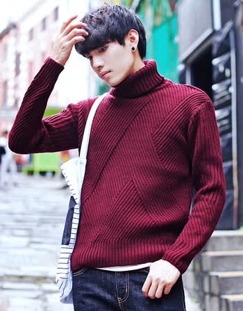 男生高领毛衣韩版领尚潮流学生原宿风外套冬季加厚宽松针织衫 酒红色