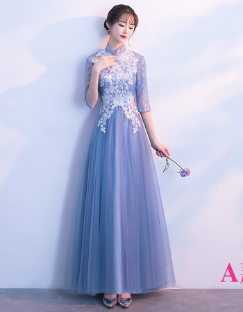服春季2018新款韩版秋长款姐妹裙显瘦连衣裙宴会长袖伴娘礼服 蓝色a款