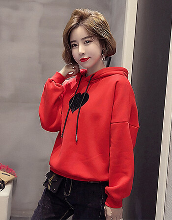 红色卫衣女连帽韩版潮学生ins宽松bf风上衣加绒加厚u