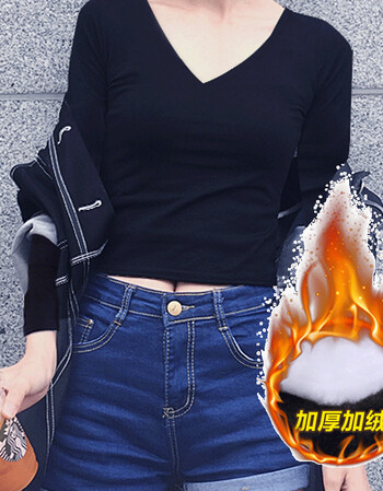 露脐长袖黑色上衣紧身短款高腰女t恤修身圆领棉质漏肚脐潮打底衫 加绒