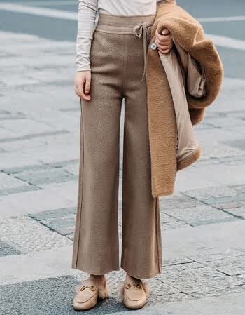 冬装新款女装气质高腰毛呢阔腿裤修身显瘦松紧腰加厚呢子长裤 卡其色