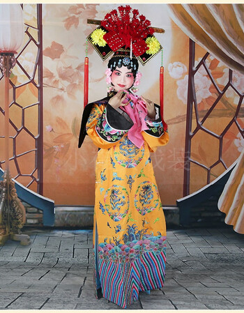 京剧戏曲服装古装清朝皇后公主 番邦朝服铁镜 公主 黄色 蚕丝面料