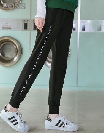 pass潮牌2018新款春装束脚运动裤女宽松字母印花bf裤子潮原宿风 黑色