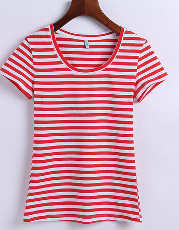 夏尔维纳夏大圆低领口斑马黑白细横条纹短袖t恤女全棉打底小衫半袖