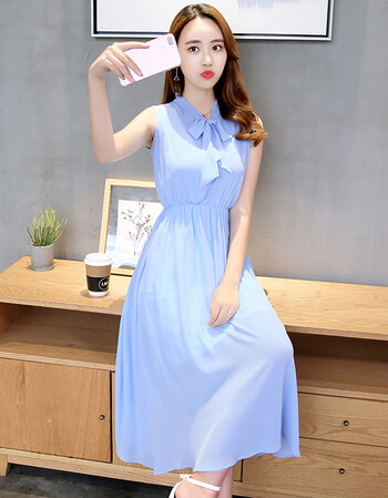 2018新款女裙雪纺无袖连衣裙中长款修身显瘦大码收腰长裙韩版 天蓝色