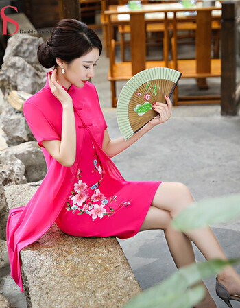 ds 新少女小短裙旗袍短款越南奥戴旗袍日常改良修身连衣裙 玫红色