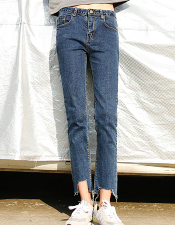 不规则毛边高腰牛仔裤女韩版秋装新款学生宽松显瘦九分直筒裤 蓝色 28