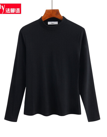 法曼语 纯色高领长袖t恤女套头打底衫宽松学生上衣 黑色 均码