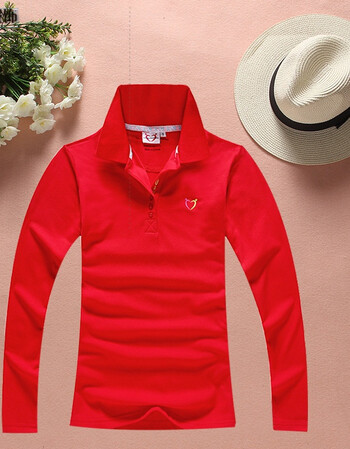 翻领t恤女长袖纯棉带领上衣大码修身休闲运动打底有领女士polo衫 红色