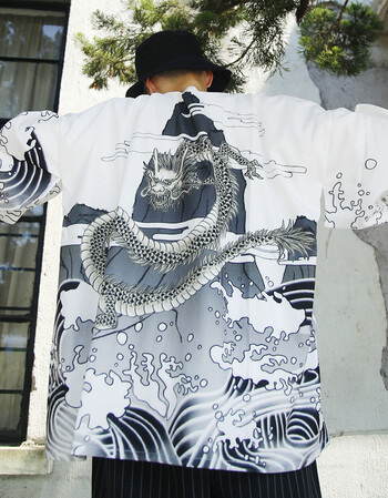 男装 衬衫 域盾(yudun) 日系浮世绘龙袍七分袖和服开衫男女原宿bf风