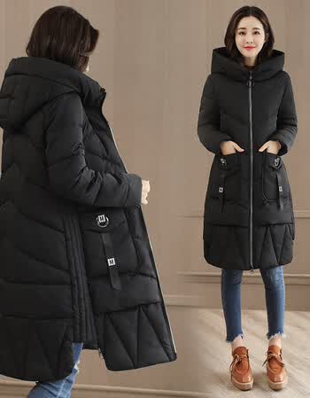 韩版时尚棉服过膝中长款连帽加厚保暖棉衣女冬装休闲显瘦棉袄外套